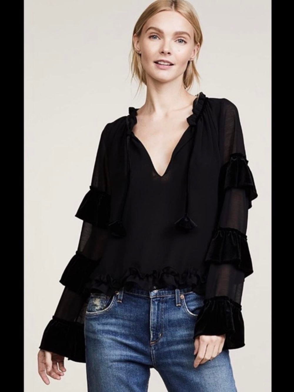 Misa Los Angeles Black Ruffle Tie-Neck Velvet-Trim Blouse